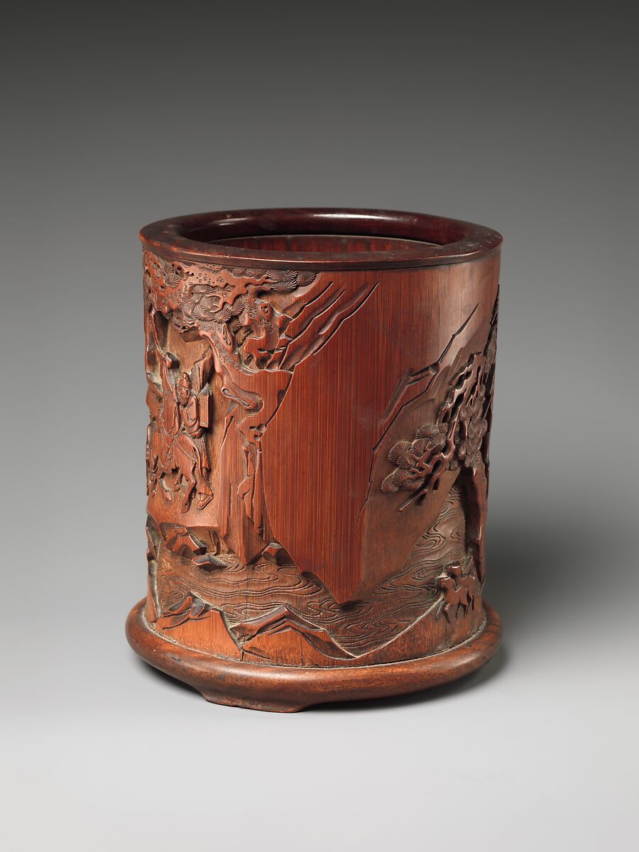 Brush Holder with Travelers in a Landscape, Bamboo and wood, China