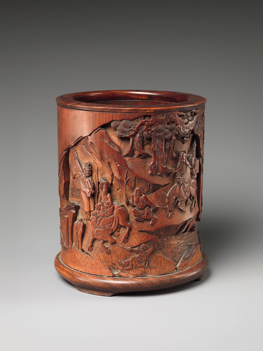Brush Holder with Travelers in a Landscape, Bamboo and wood, China 
