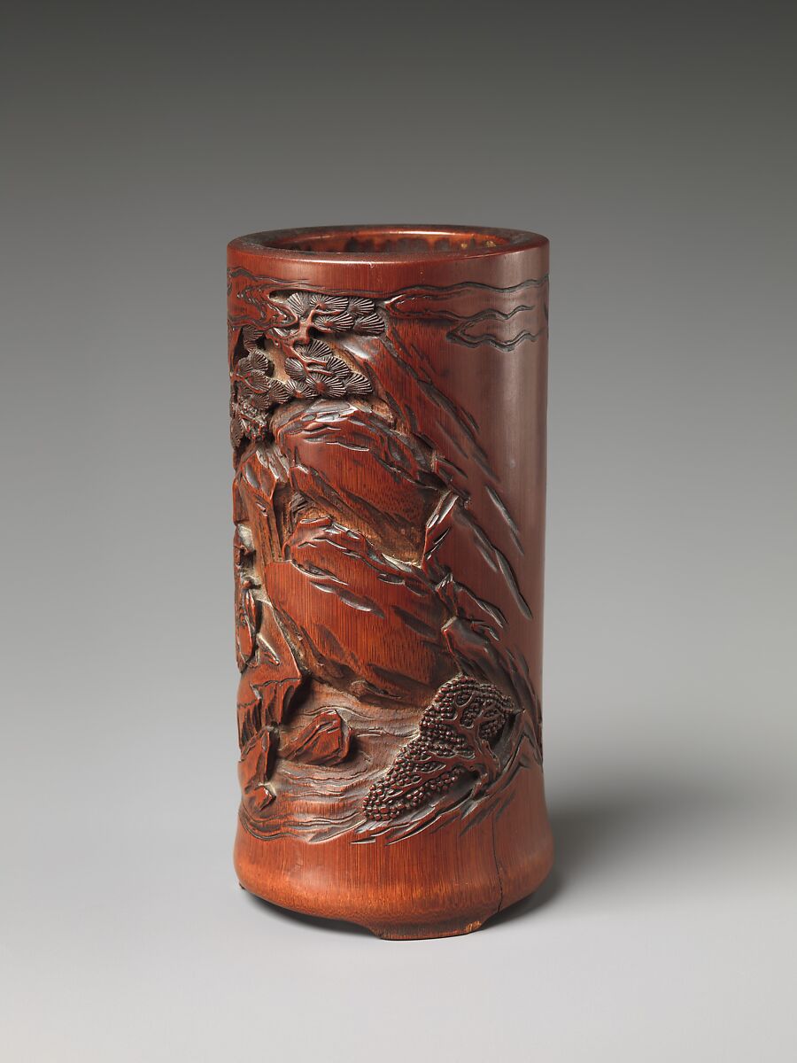 Brush Holder with Fisherman and Traveler, Bamboo, China