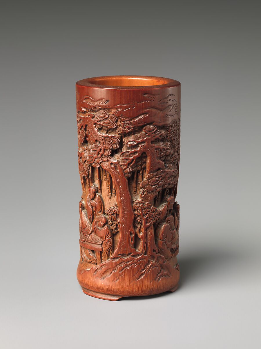 Brush holder with scholars in a garden, Bamboo, China