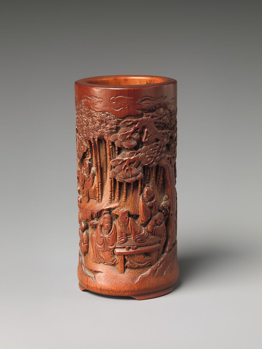 Brush holder with scholars in a garden, Bamboo, China 