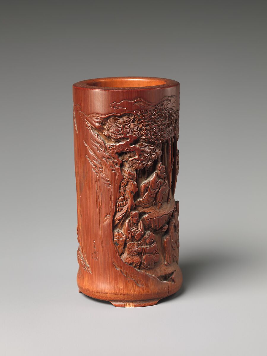 Brush holder with scholars in a garden, Bamboo, China