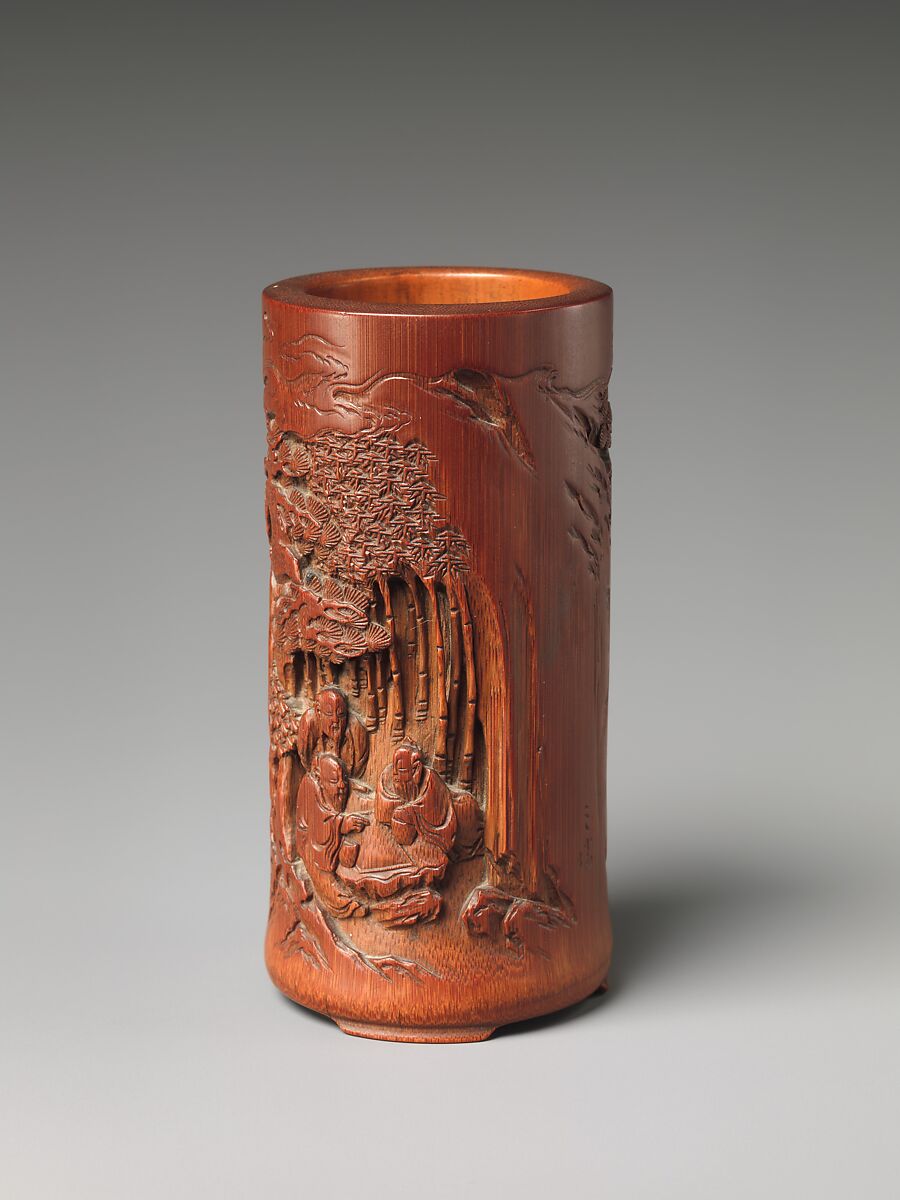 Brush holder with scholars in a garden, Bamboo, China