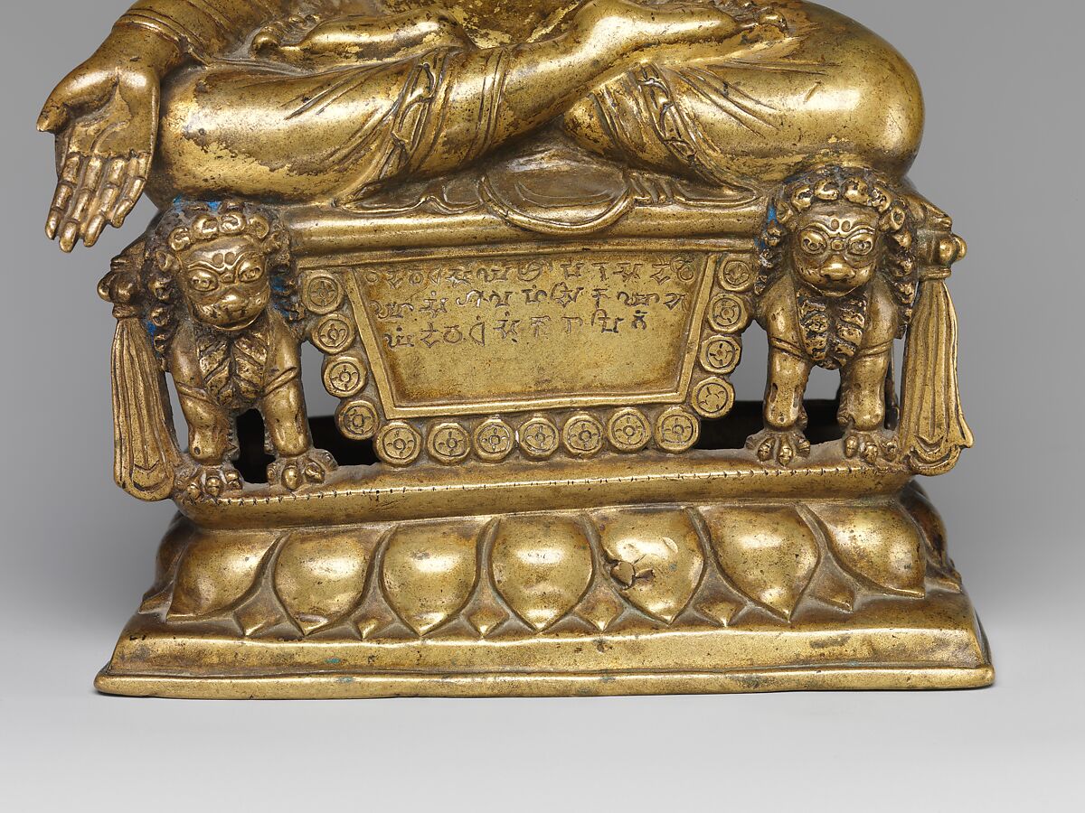 Enthroned Buddha Granting Boons, Gilt brass with silver and copper inlay, Pakistan (Gilgit Kingdom)