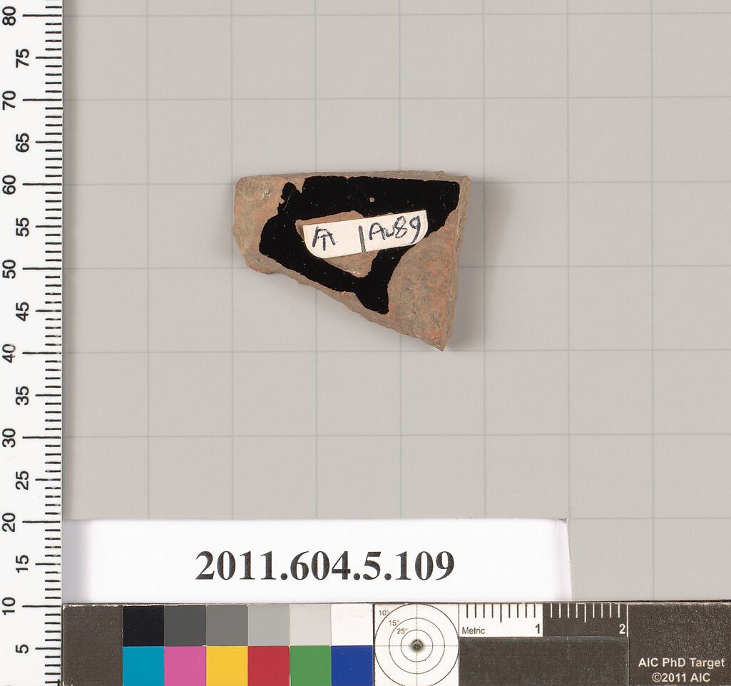 Terracotta fragment of a stemless kylix (drinking cup), Terracotta, Greek, Attic