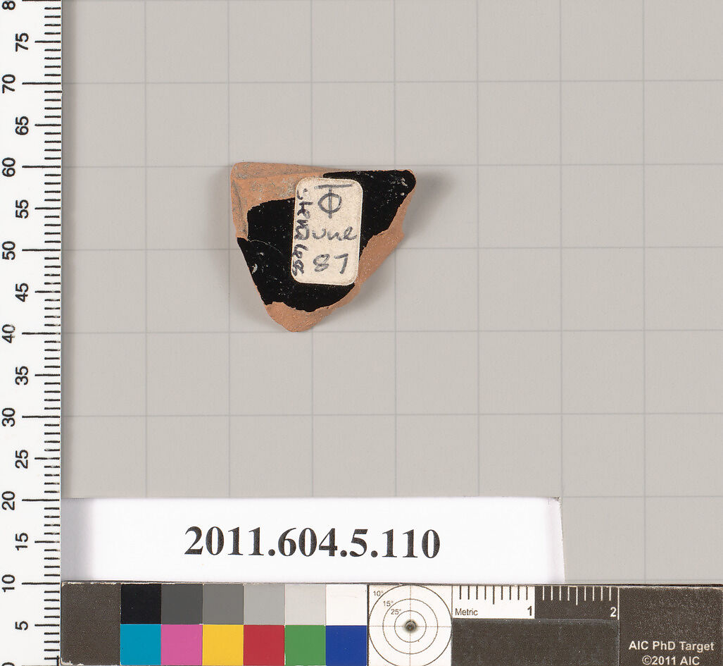 Terracotta fragment of a stemless kylix (drinking cup), Terracotta, Greek, Attic