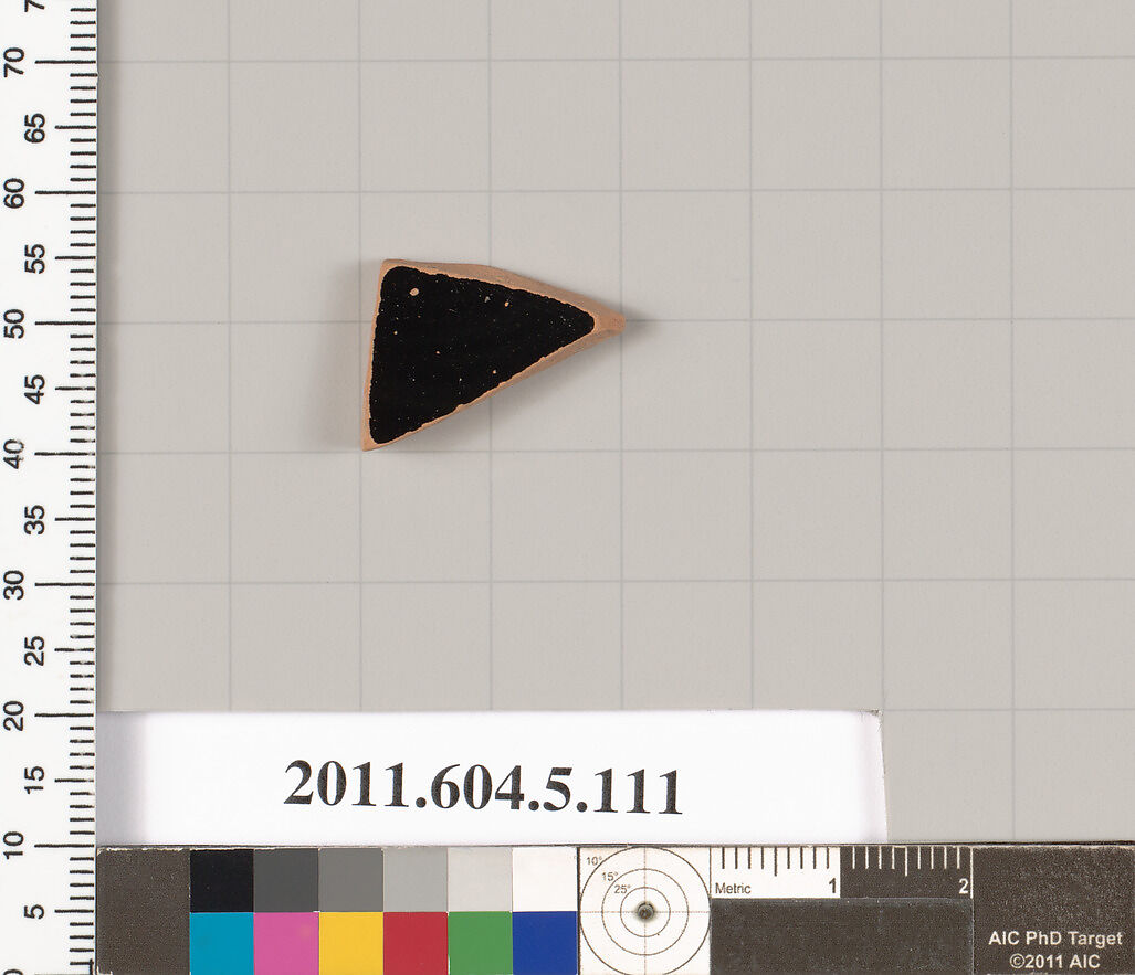 Terracotta fragment of a stemless kylix (drinking cup), Terracotta, Greek, Attic
