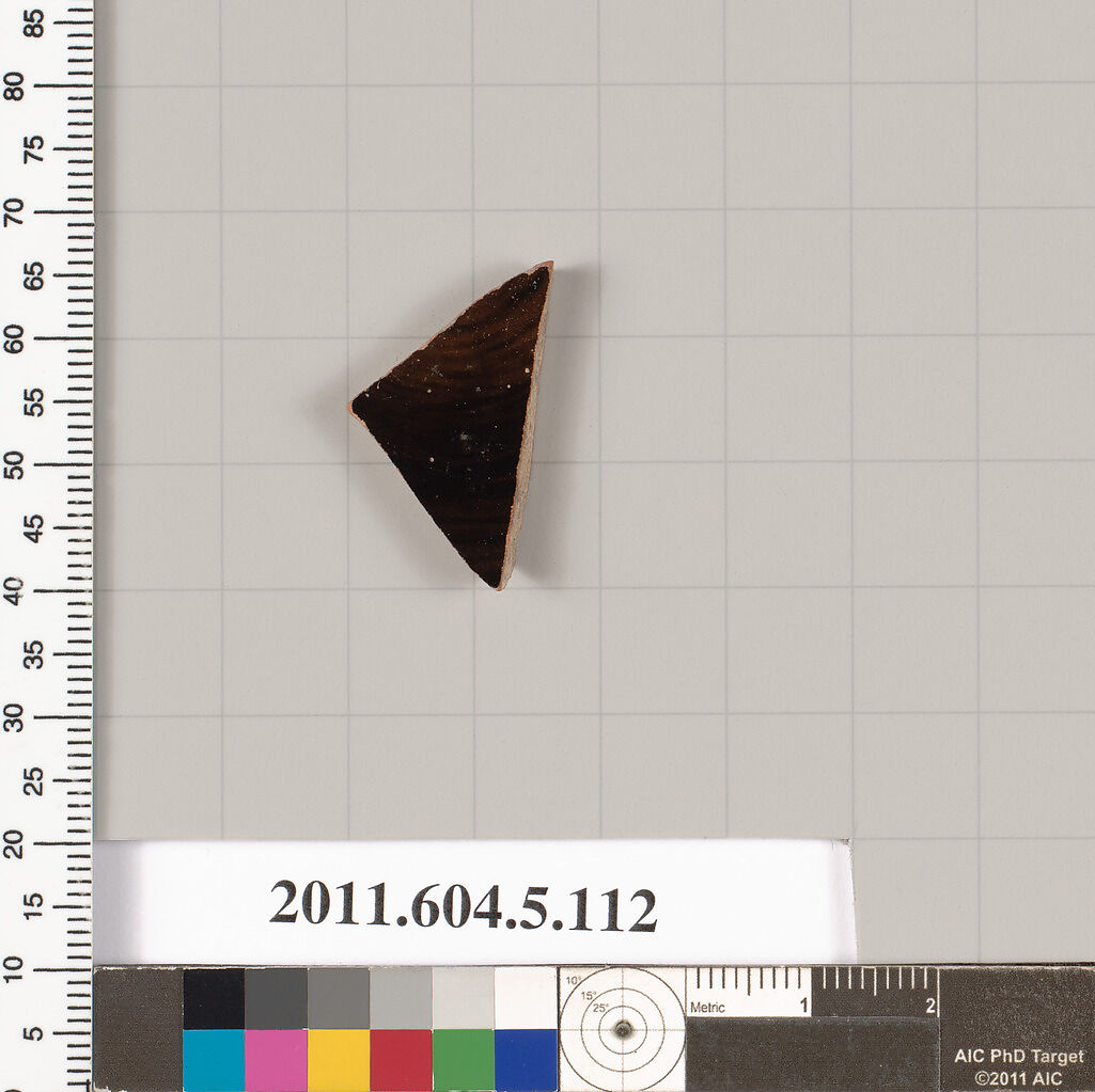 Terracotta fragment of a stemless kylix (drinking cup), Terracotta, Greek, Attic