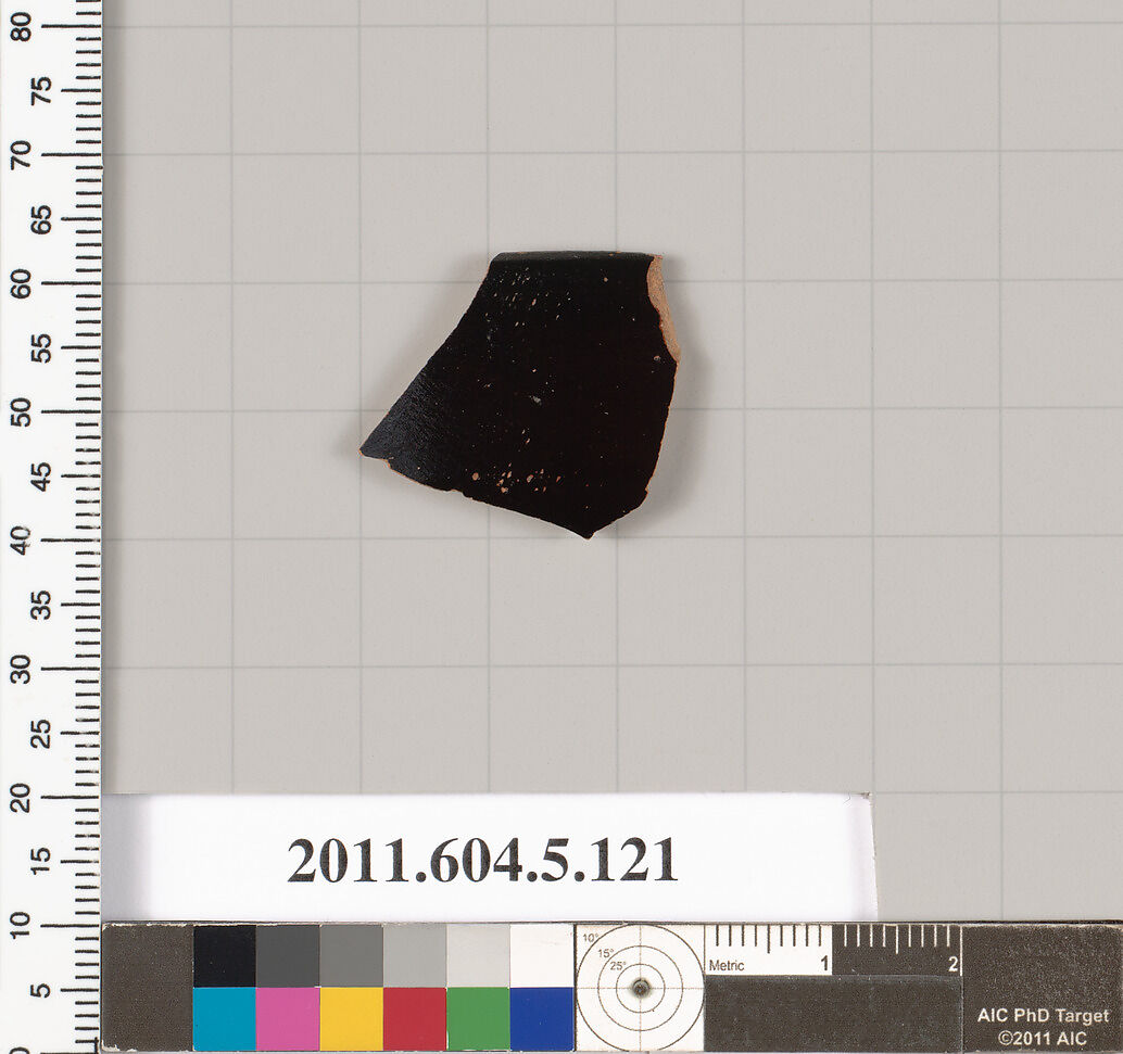 Terracotta rim fragment of a stemless kylix (drinking cup)?, Terracotta, Greek, Attic 
