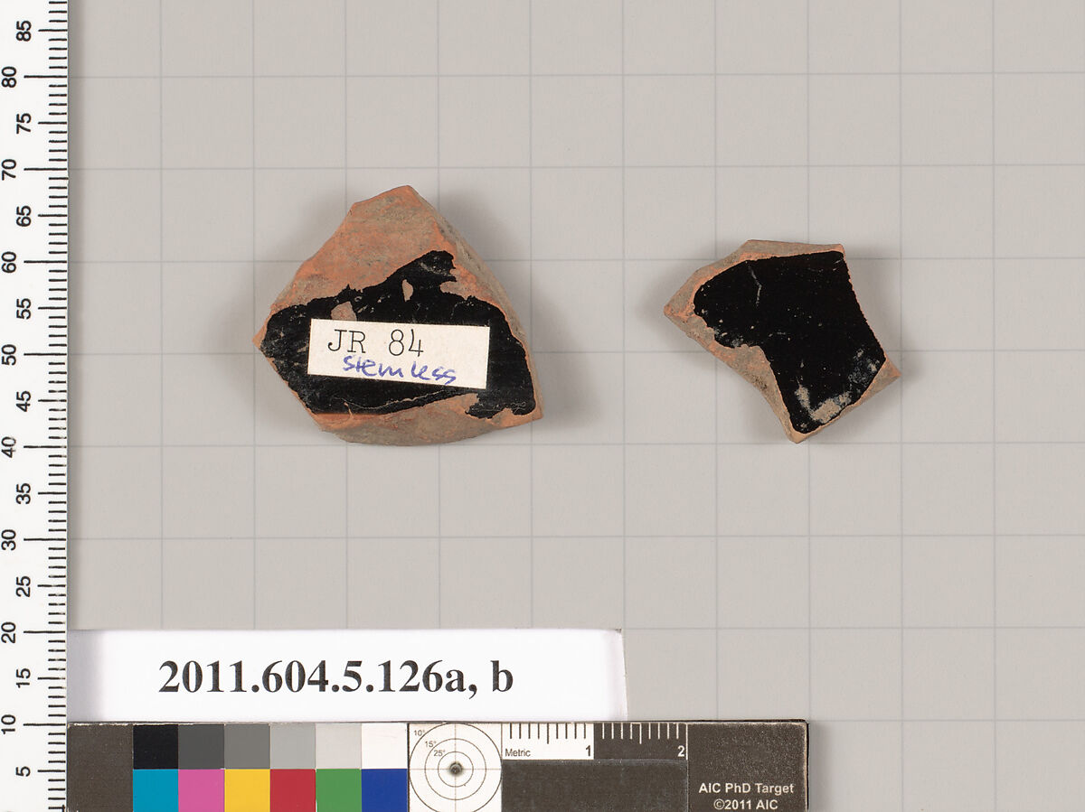 Terracotta fragments of stemless kylikes (drinking cups), Terracotta, Greek, Attic