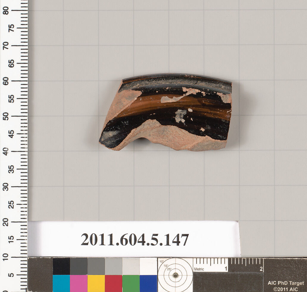 Terracotta fragment of a kylix (drinking cup), Terracotta, Greek, Attic