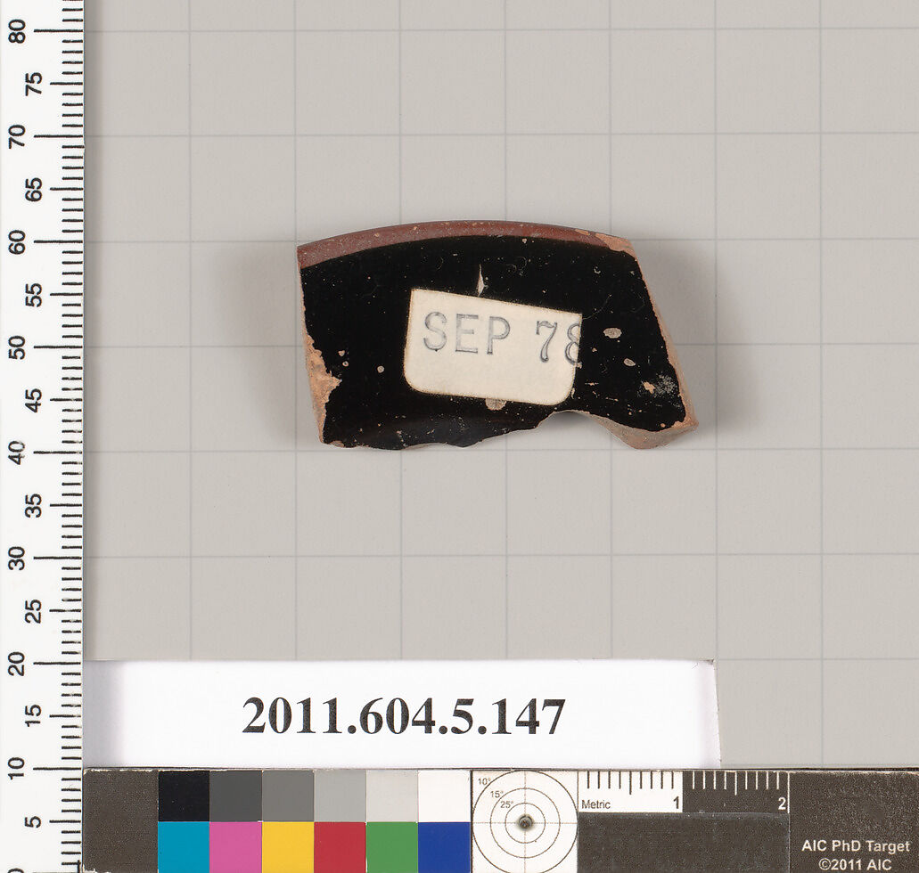 Terracotta fragment of a kylix (drinking cup), Terracotta, Greek, Attic