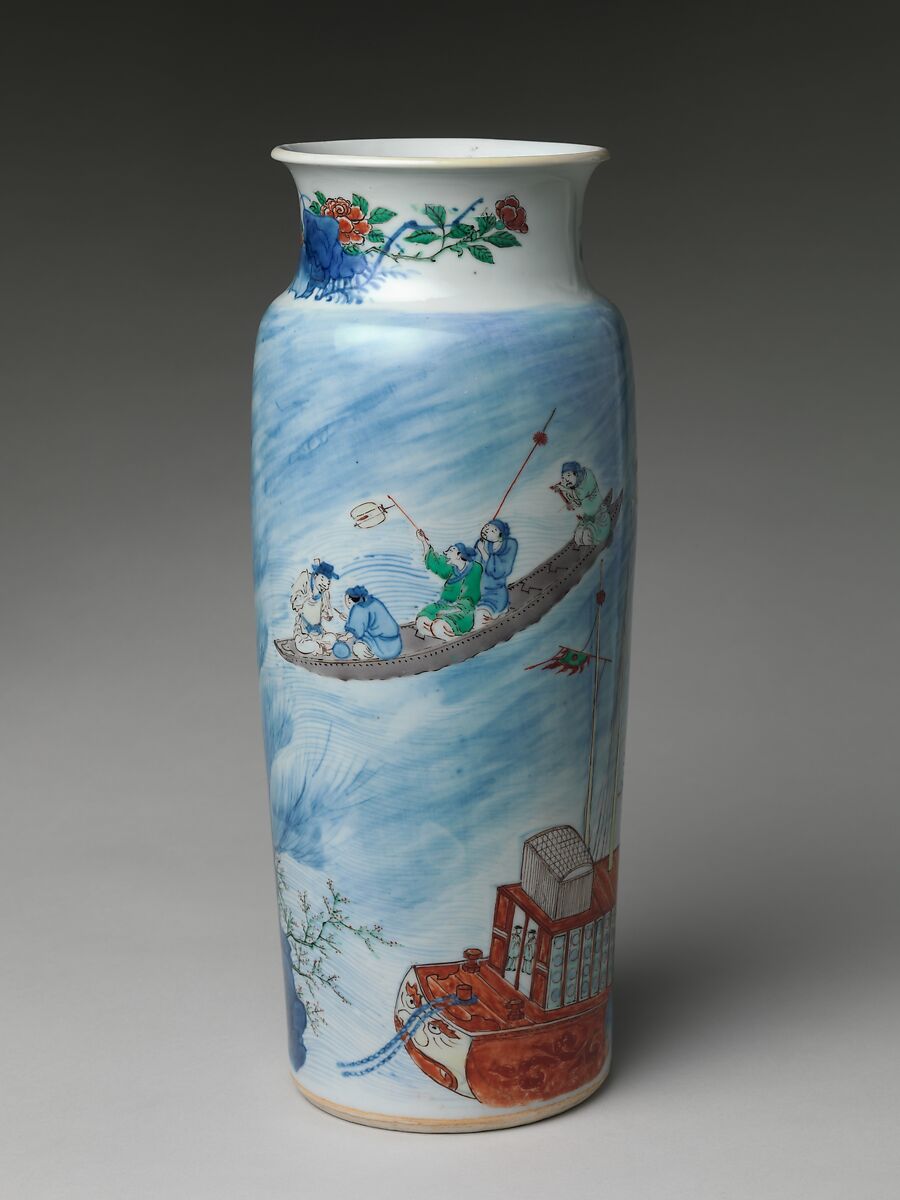 Vase with Scene from The Story of the Blue Robe, Porcelain painted with cobalt blue under and colored enamels over transparent glaze (Jingdezhen ware), China 