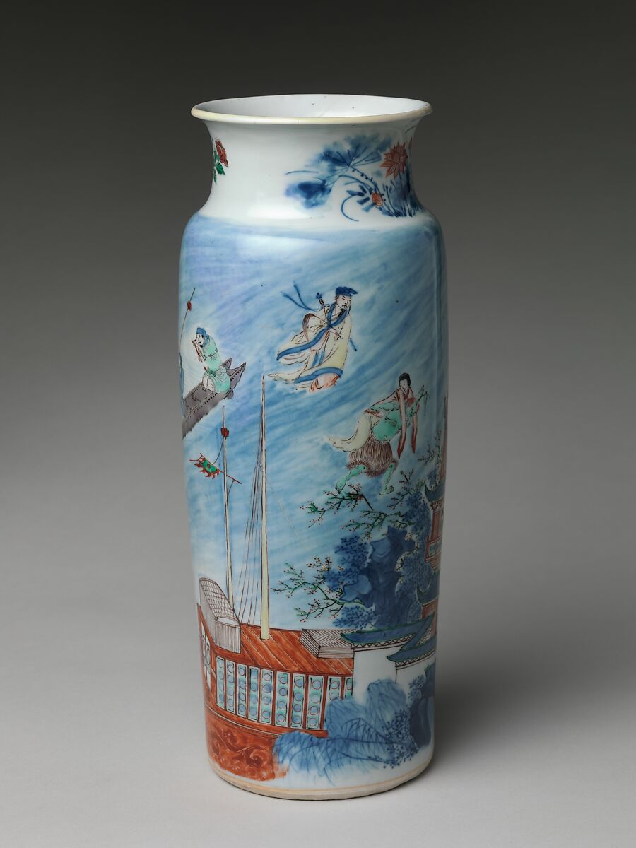 Vase with Scene from The Story of the Blue Robe, Porcelain painted with cobalt blue under and colored enamels over transparent glaze (Jingdezhen ware), China