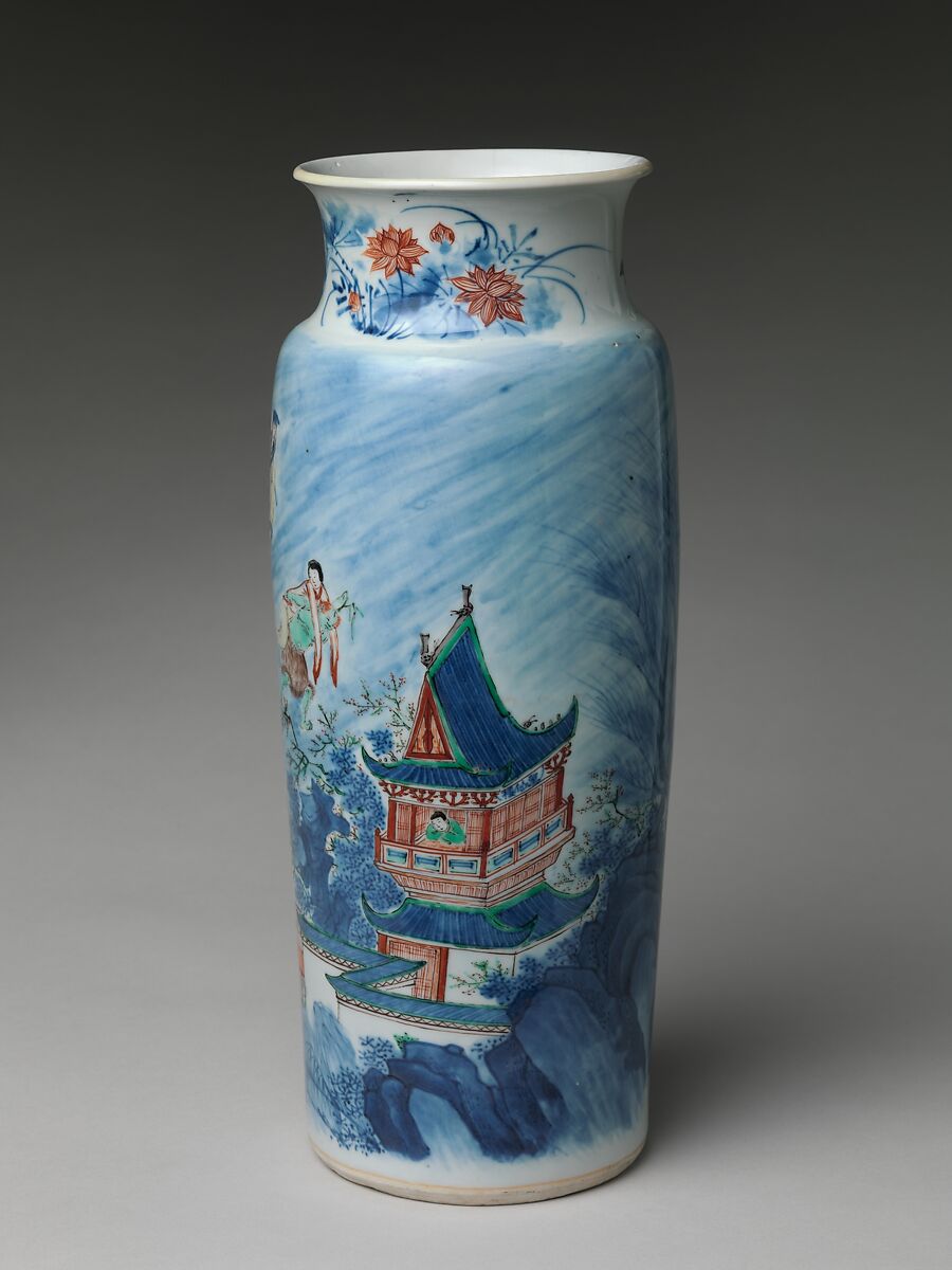 Vase with Scene from The Story of the Blue Robe, Porcelain painted with cobalt blue under and colored enamels over transparent glaze (Jingdezhen ware), China