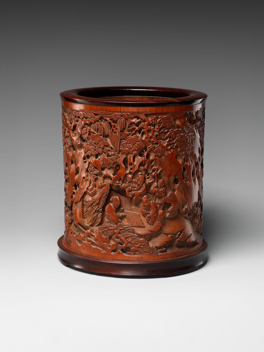 Brush holder decorated with garden scene, Bamboo, China