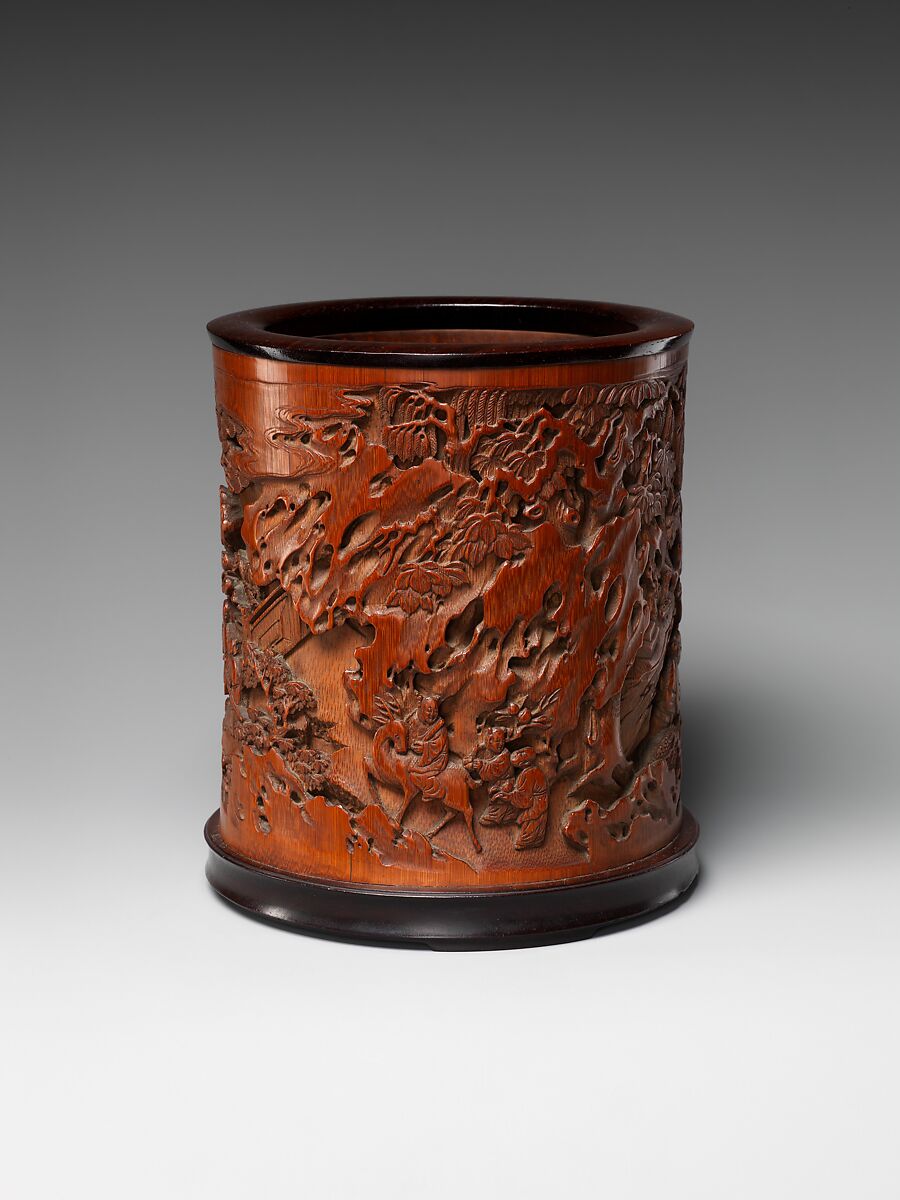 Brush holder decorated with garden scene, Bamboo, China