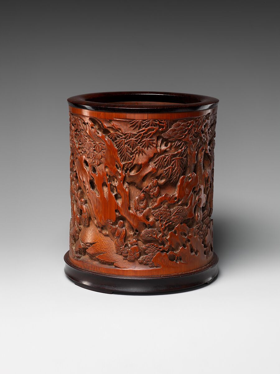 Brush holder decorated with garden scene, Bamboo, China