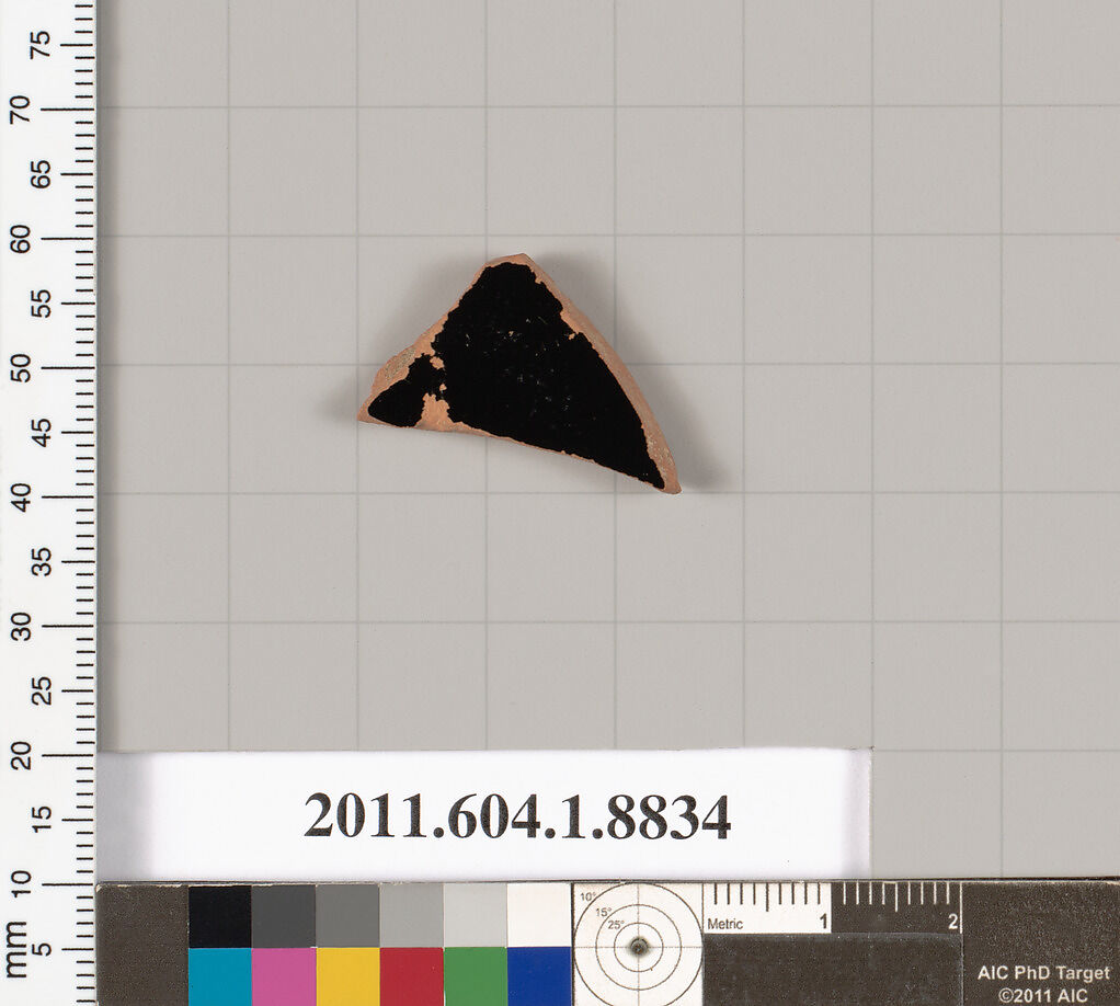 Terracotta fragment of a kylix (drinking cup), Terracotta, Greek, Attic 
