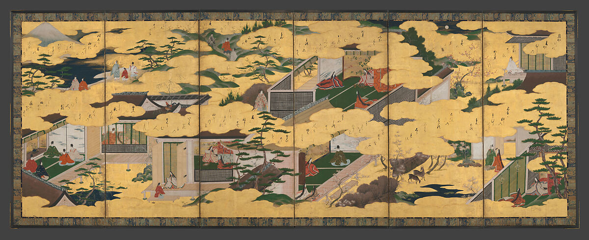Scenes from the Tales of Ise, Pair of six-panel folding screens; ink, color, and gold on paper, Japan 