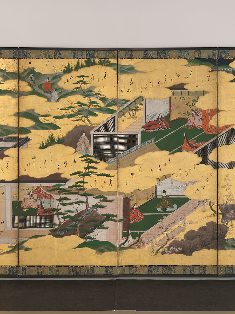 Scenes from the Tales of Ise, Pair of six-panel folding screens; ink, color, and gold on paper, Japan