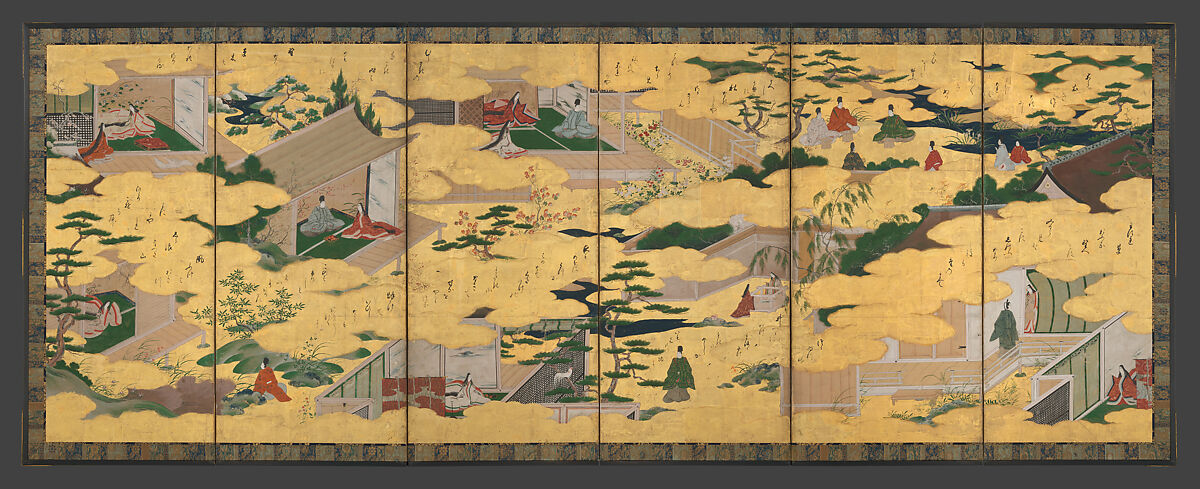 Scenes from the Tales of Ise, Pair of six-panel folding screens; ink, color, and gold on paper, Japan