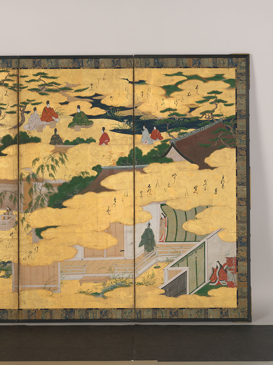 Scenes from the Tales of Ise, Pair of six-panel folding screens; ink, color, and gold on paper, Japan