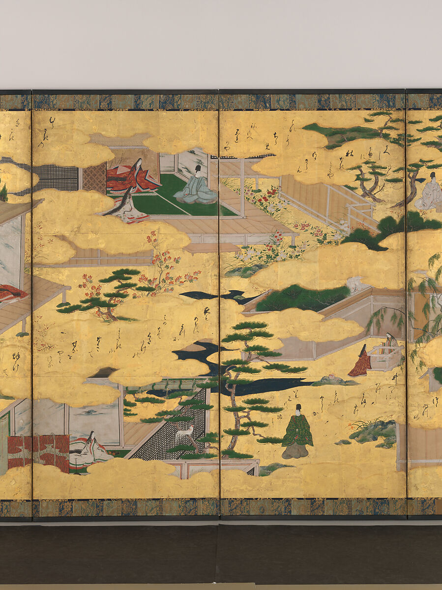 Scenes from the Tales of Ise, Pair of six-panel folding screens; ink, color, and gold on paper, Japan