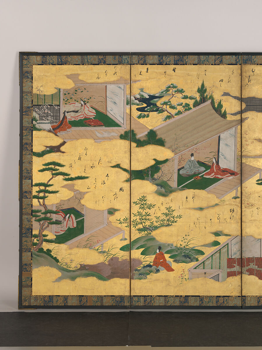 Scenes from the Tales of Ise, Pair of six-panel folding screens; ink, color, and gold on paper, Japan