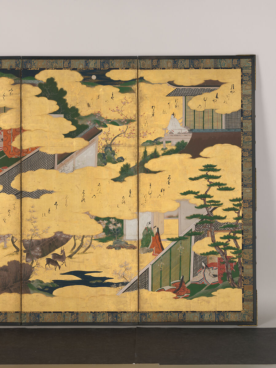 Scenes from the Tales of Ise, Pair of six-panel folding screens; ink, color, and gold on paper, Japan