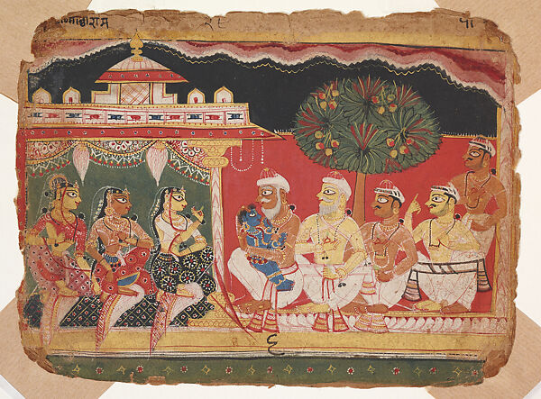 Nanda Touches Krishna's Head after the Slaying of Putana: Page from a Bhagavata Purana Manuscript, Masters of the Palam Bhagavata Purana, Opaque watercolor and ink on paper, North India (Delhi-Agra region) 