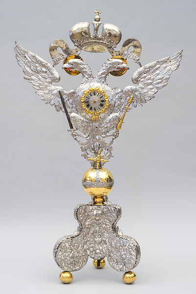 Table clock in the form of an Imperial double eagle, Elias I. Kreittmayr the Elder (German (Augsburg), 1680–1690), Silver, copper, brass (partially gilded, silvered), wood, iron, German, Friedberg 