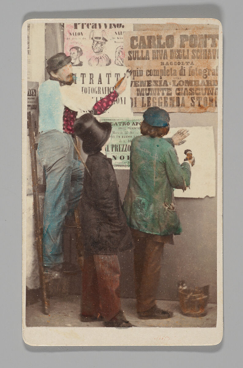 [Men Putting Up Broadsides, Venice], Carlo Ponti (Italian, Milan 1820–1893 Venice), Albumen silver print with applied color 