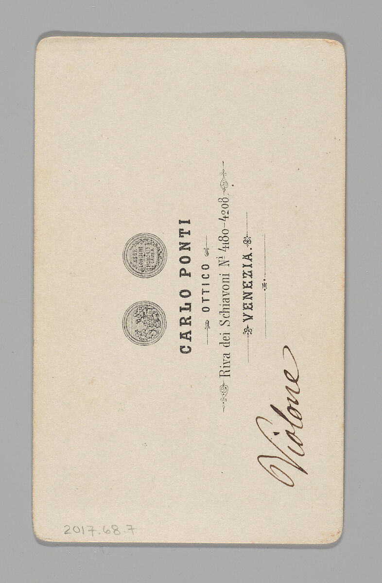 [Studio Portrait: Man Carrying Cello or Large Stringed Instrument, Venice], Carlo Ponti (Italian, Milan 1820–1893 Venice), Albumen silver print with applied color