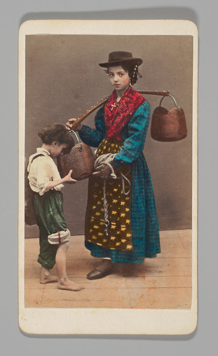 [Studio Portrait: Woman Carrying Yoke with Young Boy, Venice], Carlo Ponti (Italian, Milan 1820–1893 Venice), Albumen silver print with applied color 