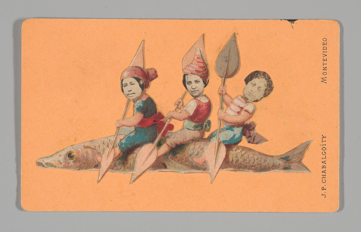 [Photo Collage: Three People Holding Oars, Sitting on a Large Fish], Juan Pedro Chabalgoity (Uruguayan, 1848–1909), Albumen silver prints, lithographs 