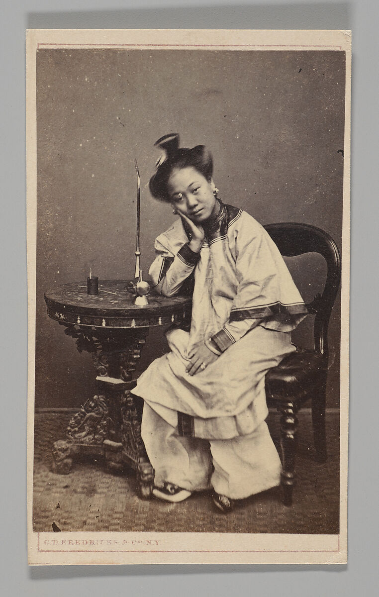 [Studio Portrait: Woman Seated Beside a Table Leaning on Elbow], C.D. Fredricks &amp; Co. (American, active 1860s), Albumen silver print 