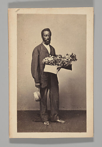 [Studio Portrait: Male Street Vendor Holding Box of Flowers, Brazil]