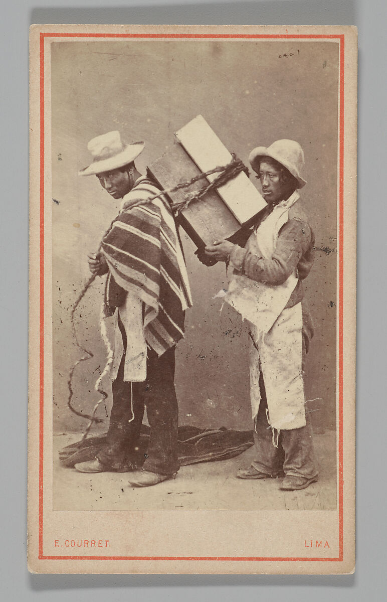 [Studio Portrait: Two Men, one with Box Tied to his Back, Lima], Eugenio Courret (Peruvian, 1841–1900), Albumen silver print 