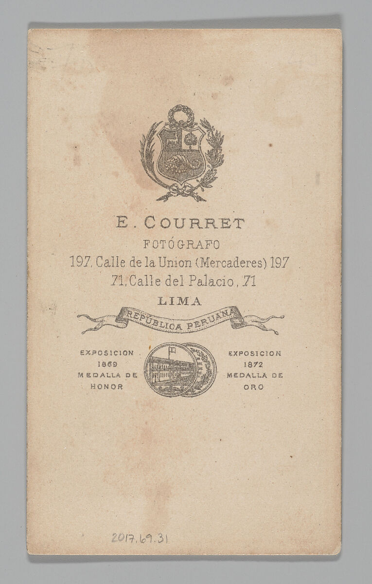 [Studio Portrait: Two Men, one with Box Tied to his Back, Lima], Eugenio Courret (French, 1839–1920, active Peru, 1860–1887), Albumen silver print