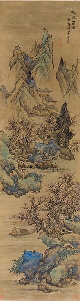 Landscapes of the Four Seasons, Lan Ying (Chinese, 1585–1664), Set of 12 hanging scrolls; ink and color on paper with gold leaf, China 