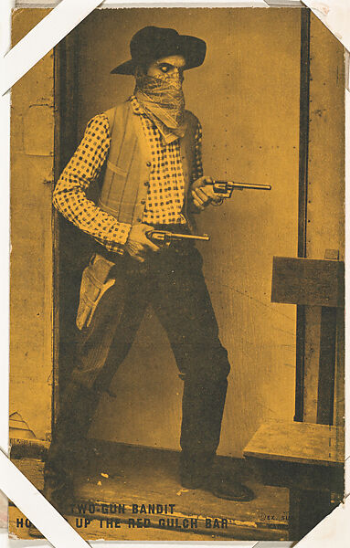 Two-Gun Bandit Holding Up The Red Gulch Bar from Western Stars or Scenes Exhibit Cards series (W412), Exhibit Supply Company, Commercial color photolithograph 