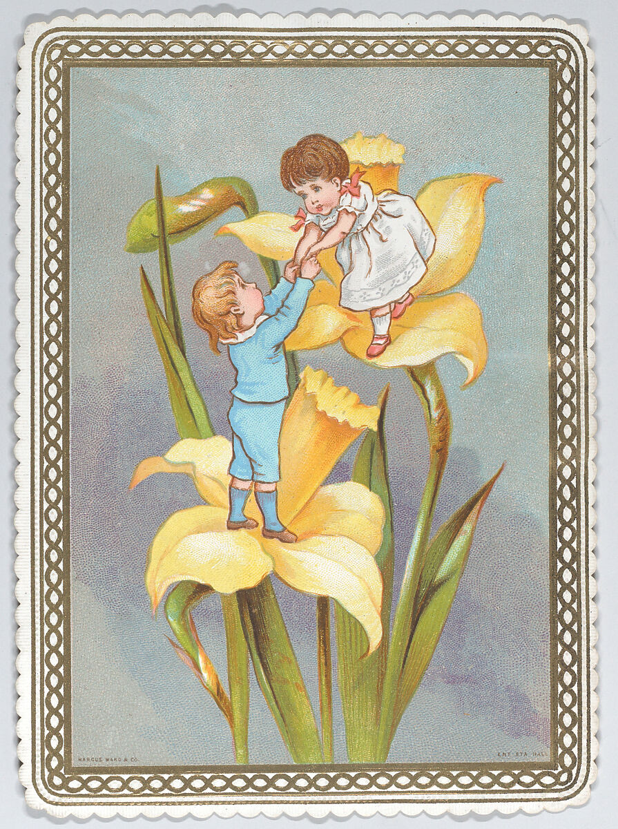 Valentine, Kate Greenaway (British, London 1846–1901 London), White card stock with gilt and scalloped borders; chromolithography 