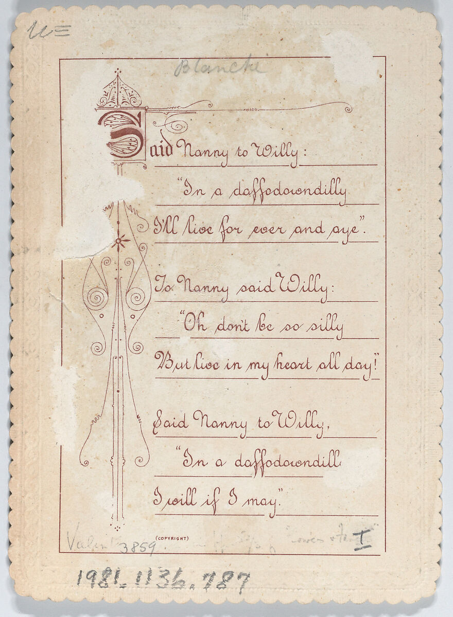 Valentine, Kate Greenaway (British, London 1846–1901 London), White card stock with gilt and scalloped borders; chromolithography