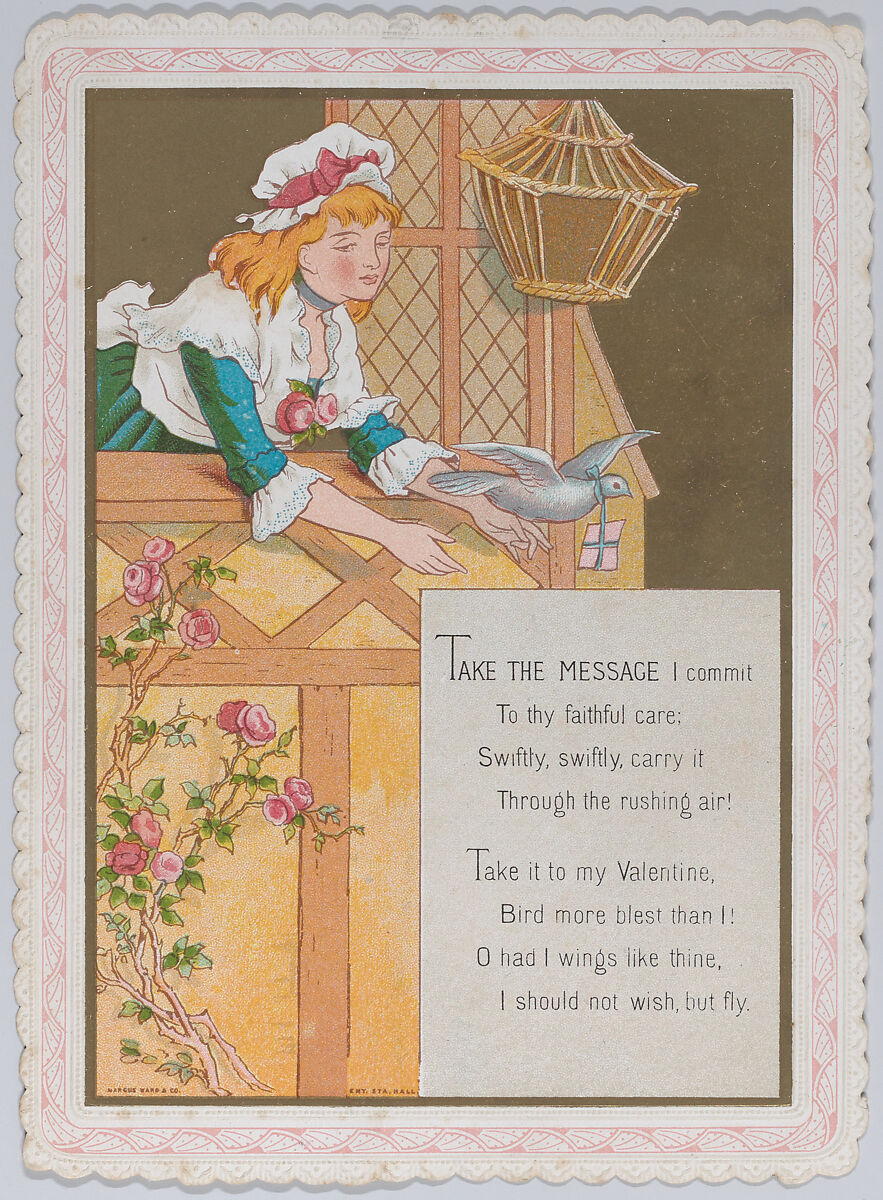 Valentine, Kate Greenaway (British, London 1846–1901 London), White card stock with gilt and scalloped borders; chromolithography, graphite 