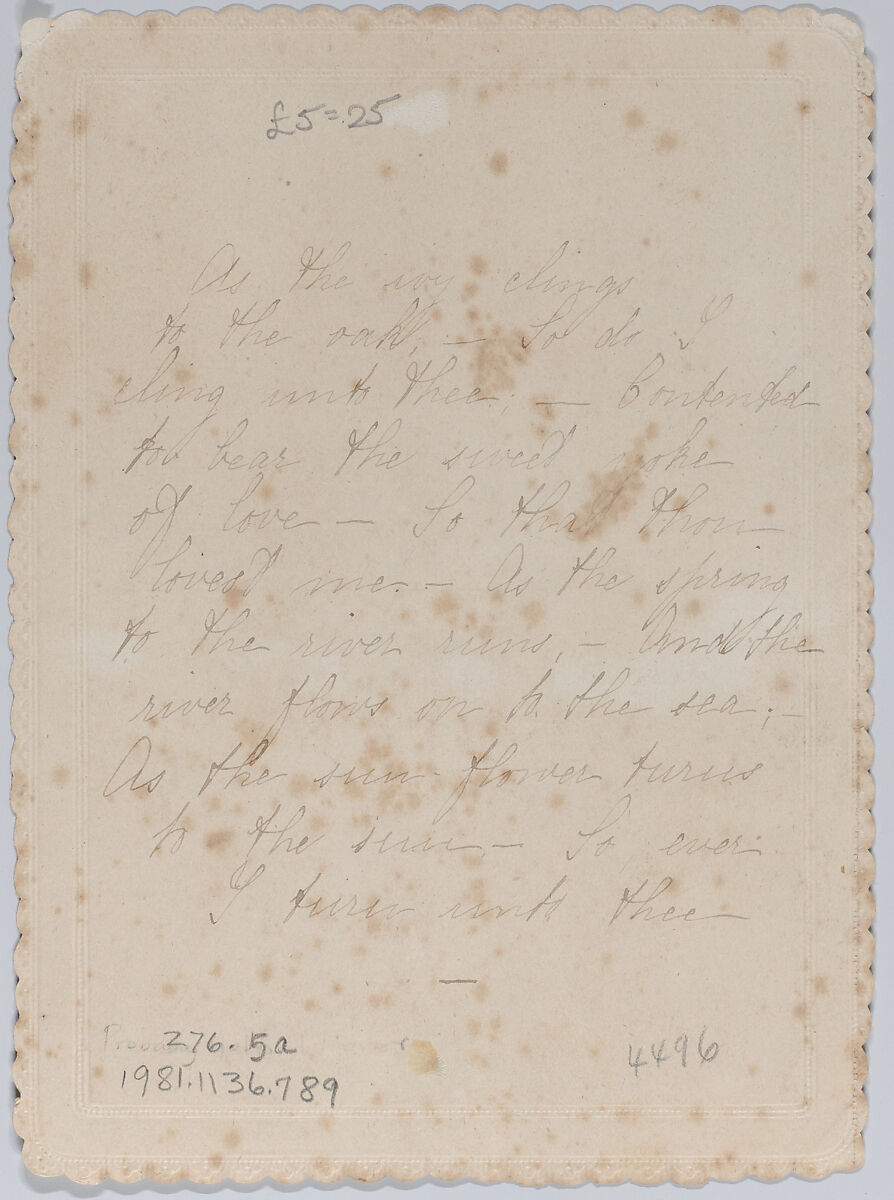 Valentine, Kate Greenaway (British, London 1846–1901 London), White card stock with gilt and scalloped borders; chromolithography, graphite