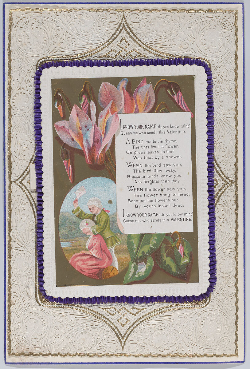Valentine, Kate Greenaway (British, London 1846–1901 London), White card stock with embossed, scalloped borders; chromolithography in colors and gold, gilded open work lace paper, purple pleated silk, purple watercolor, white paper 
