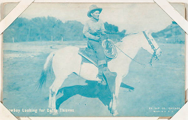 Cowboy Looking for Cattle Thieves from Indians and Western Historical Scenes series (W417), Exhibit Supply Company, Commercial color photolithograph 