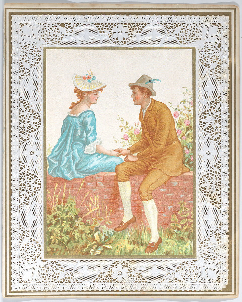 Valentine, Kate Greenaway (British, London 1846–1901 London), White card stock with gilding; chromolithography in colors and gold, openwork lace paper 