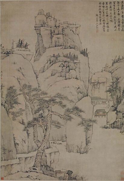 Cinnabar Chamber Deep in the Mountains, Hongren (Chinese, 1610–1664), Hanging scroll; ink and color on paper, China 